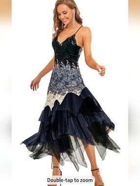 Navy & Ivory Lace-Accent Tiered Evening Dress